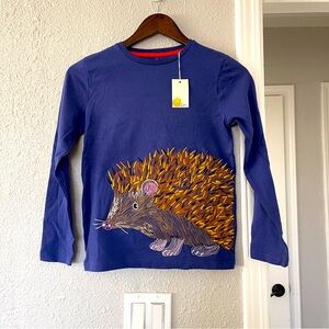 Mini Boden Kids Long Sleeve Shirt with Hedgehog Design - Blue 9y 10y NWT